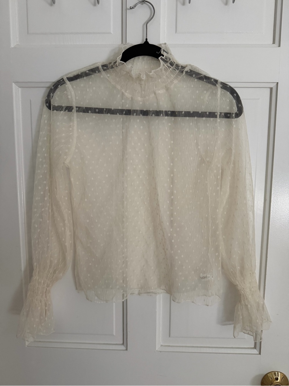 Sheer Ivory Dot Ruffle Neck Blouse - Women Tops